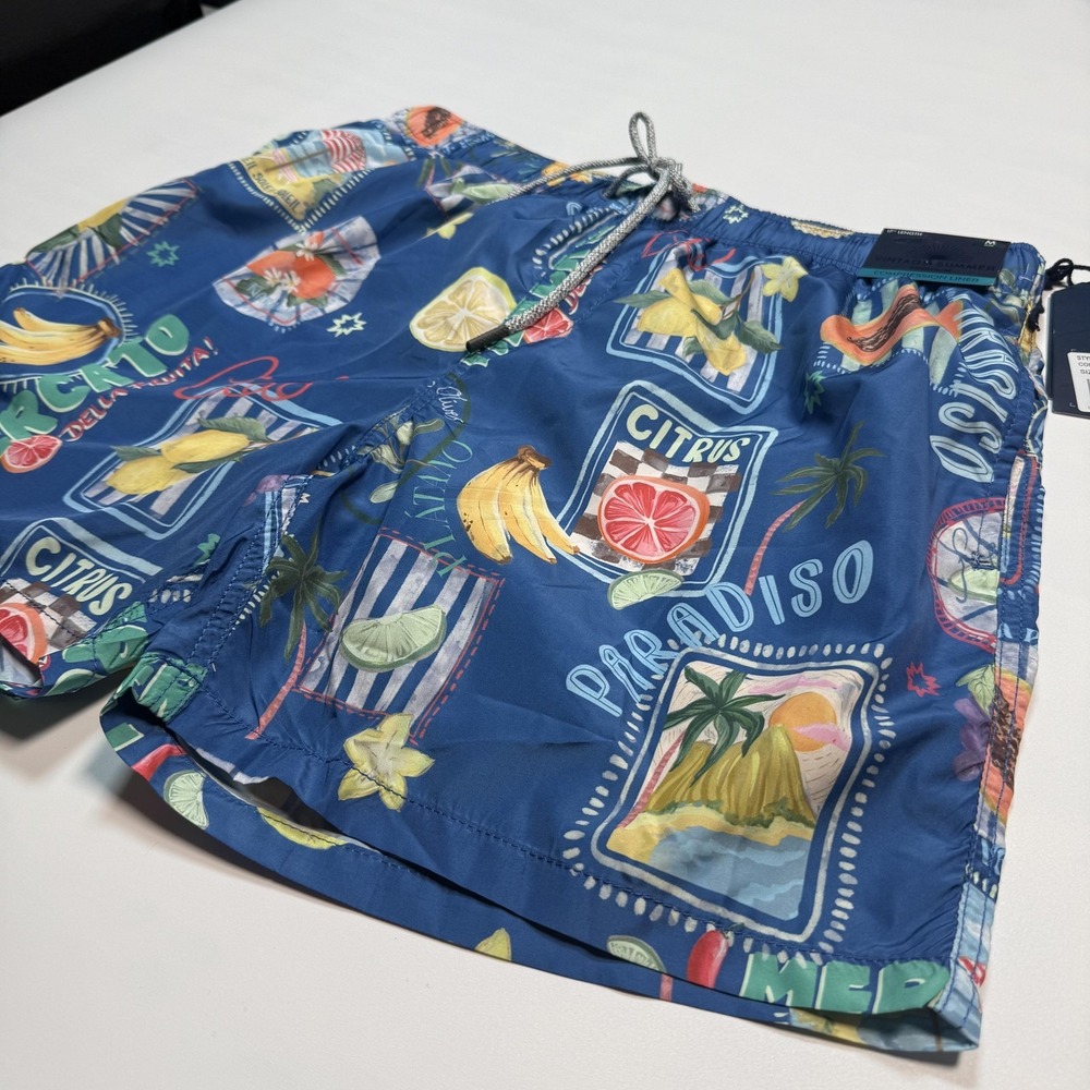 Vintage Summer Swim Trunks Mens M Blue Citrus Fruit Print Compression Liner - Picture 2 of 11